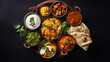 Assorted indian food on black background. Indian cuisine. Top view