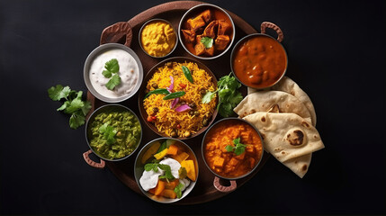 assorted indian food on black background. indian cuisine. top view