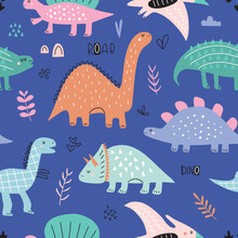 Seamless Pattern With Cute Dinosaurs For Kids. Suitable For Textile, Nursery, Wallpaper, Wrapping Paper, Clothes.