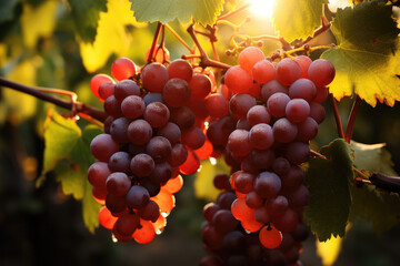 Wall Mural - Many rose grapes in sunny plantation. Red wine in vineyard, close up. Purple grapevine in Vineyards. New vintage wine concept. 