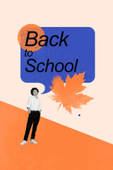 Poster - Vertical collage image of black white effect minded boy brainstorming back to school bubble painted maple leaf isolated on creative background