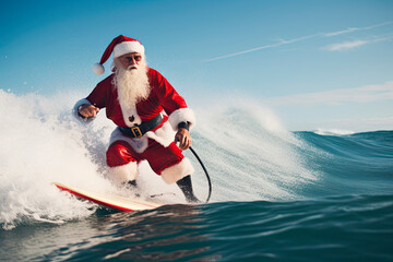 Santa Claus surfing on vacation in summer