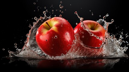 A cinematic shot of two apples falling on a black reflective ground with water splash, for commercial use