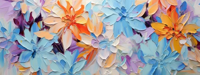 Poster - Closeup of abstract rough colorful multicolored organic floral spring flowers art painting texture, with oil acrylic brushstroke, pallet knife paint on canvas wallpaper (Generative Ai)
