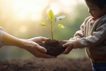 An adult teaching a child to plant a tree, united for a greener and more sustainable future for the environment