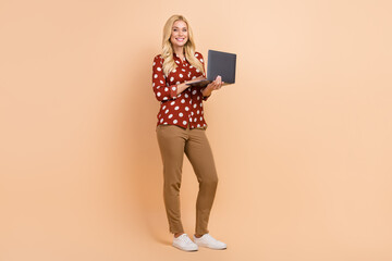 Poster - Full length photo of gorgeous representative lady hold wireless netbook networking isolated on beige color background