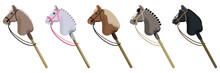Set Of Images Of Toys In The Form Of A Horse's Head On A Wooden Stick. Equipment For Hobby Horsing On White Background.