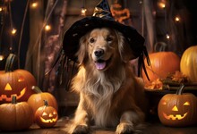 Golden Retriever Dog Dressed Up In Witch Costume With Halloween Pumpkins