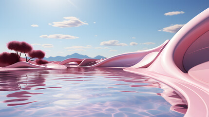 3d rendering of infinity swimming pool on the background of blue sky