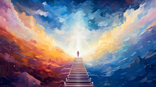 Stairway Leading Up To Heaven Toward The Cross. Christian Illustration.