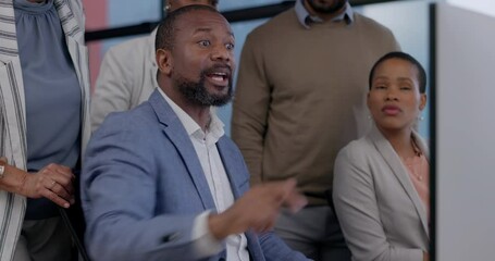 Business man, computer and angry mentor with team fail and error for web consultant job. Communication, frustrated manager and African professional with staff and yelling at website management group