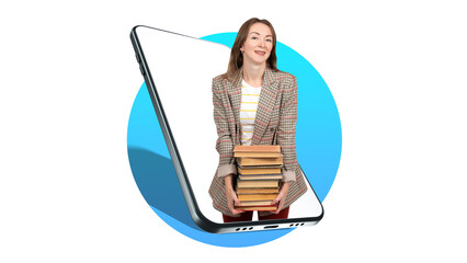 Woman with books. Adult girl student. Woman in display of giant phone. Concept of online literature. Distance learning metaphor. Application for reading books. Internet library in phone