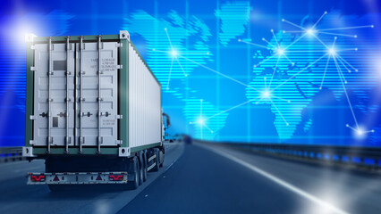 Wall Mural - Truck on road. Logistic transportation. Truck with white body. Truck drives off into distance. World map metaphor of supply chains. International cargo transportation. Cargo vehicle. 3d image