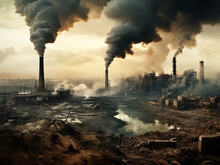 Destroyed Factories With Smoking Pipes With Gray Smoke In A Dirty City With Poor Ecology