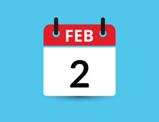 February 2. Flat icon calendar isolated on blue background. Date and month vector illustration