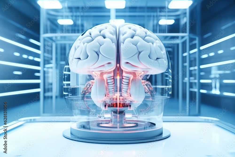 Modified brain behind transparent glass in a futuristic laboratory ...