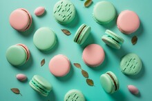 Green and pink macarons on turquoise background. Generative AI