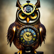 Premium blue and gold owl with a clock on it's face. Generative AI.