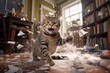 a playful hyperactive tabby cat misbehaving and making a huge mess in a living-room, throwing around things and shredding paper. Studio light. Generative AI technology