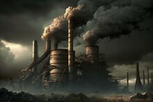 The Sky Appears Murky With Fumes Emitted From Factory Chimneys Producing Metal Goods Or Disposing Of Waste. Generative AI