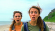 Captivating scene of two young women expressing fury, encapsulating a sense of adventure and discovery on their road trip against the backdrop of a wild beach. Generative AI