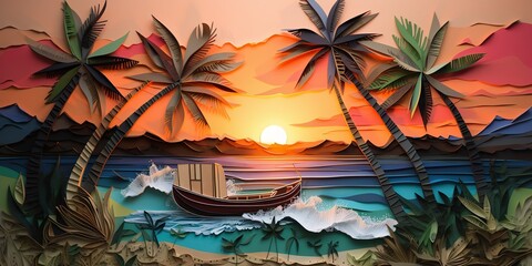 AI Generated. AI Generative. Sunset island tropical paradise palms sea ocean vacation boat sail poster. Oil draw paint paper watercolor graphic style. Graphic Art