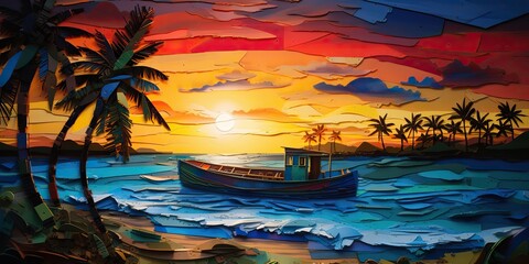 Wall Mural - AI Generated. AI Generative. Sunset island tropical paradise palms sea ocean vacation boat sail poster. Oil draw paint paper watercolor graphic style. Palms trees and sail boat