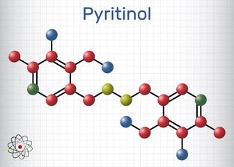 Sticker - Pyritinol molecule, pyridoxine disulfide, cognitive drug. Сomponent of nootropic dietary supplements. Structural chemical formula, sheet, notebook, cage. Vector