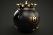 3D rendered black eight ball with golden crown. Generative AI
