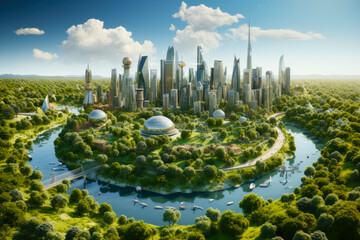 Wall Mural - Modern ecological city Green city concept. Green forest and modern skyscrapers buildings. Generative AI