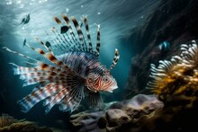 A Red Lionfish Swims Around Rock Reef. Generative AI