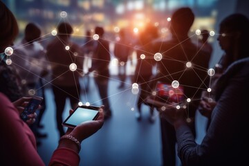 vibrant crowd, people holding smartphones representing connected devices the global network.