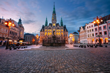 Liberec, Czech Republic. Cityscape Image Of Downtown Liberec, Czech Republic With Liberec Town Hall And Fountain Of Neptun At Summer Sunset.