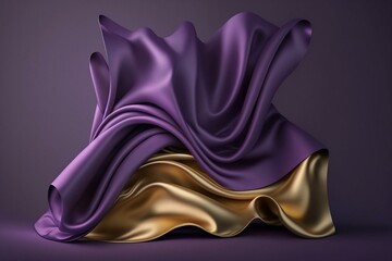 Purple luxurious flowing cloth background, ideal for product presentation and jewelry events. 3D render mockup with copy space and top-down view. Generative AI
