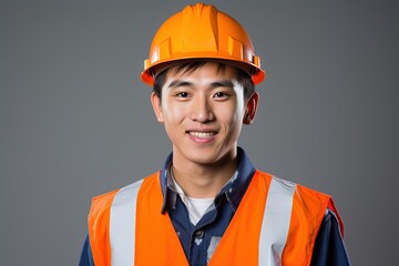 Portrait of young Asian man wearing safety helmet and reflective vest.Generative Ai