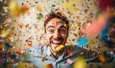 Wall Mural - Portrait of a man celebrating with brightly colored falling confetti