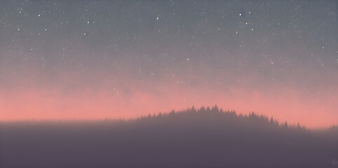  Sunset in the mountains, beautiful landscape with foggy sky, mystical vibe  illustration. 
