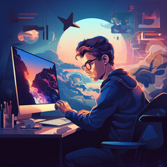Illustration of a male graphic designer working on a computer. He was working alone in a quiet room.