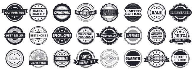 Poster - Black vintage banner collection. Set of retro seal stamp. Premium quality, certified, original, guarantee, approved, recommended logo label