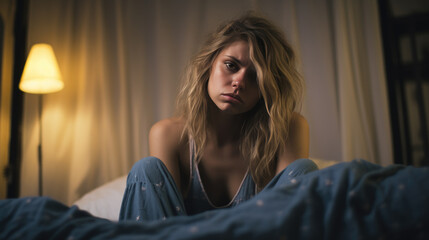 Wall Mural - Depressed woman lying in bed can't sleep late at morning with insomnia.