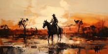 AI Generated. AI Generative. Western Cowboy Desert Horse Countryside Landscape Background. Adventure Desert Mountain Scene. Graphic Art