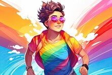 Bright Colorful Illustration Of A Girl In Sunglasses On A Morning Run.