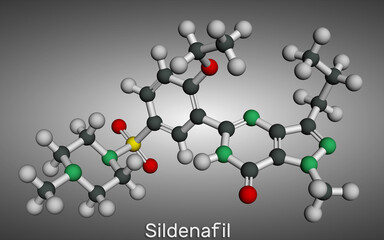 Poster - Sildenafil molecule. It is drug for the treatment of erectile dysfunction. Molecular model. 3D rendering.