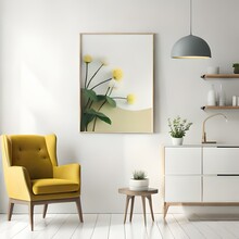 Rectangular Vertical Frame Mockup In Scandinavian Style Interior With White And Yellow Flowers On Empty Neutral White Wall Background, Shelf. 3d Illustration