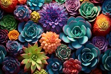 Miniature Succulent Plants Background. Top View Succulent Cactus, Gardening, Horticulture Theme. Colorful Fresh Succulents With Cacti. Bright Colored Succulents Like Bright Flowers.