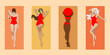 © Isa - vector image four different beautiful young slim girls of different nationalities. red swimsuits. sunbathing on beach on colorful mats. elements isolated. view from above. summer holidays