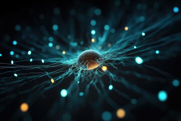  Neuron synapse presentation - Network of glowing cells with electrical pulses. Conceptual medical image. Photo generative AI