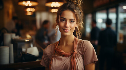 Wall Mural - Portrait of happy woman standing at doorway of her store. Cheerful mature waitress waiting for clients at coffee shop.generative ai