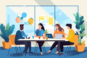 Wall Mural - Illustration of Diverse Team Brainstorming in Modern Office