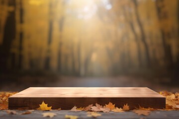 Wall Mural - empty wooden tabletop podium in open garden forest, blurred background of autumn plants with space. organic product present natural placement pedestal display, autumn concept. Generative AI